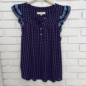 Loft/ ladies ruffled sleeveless top/excellent used cond/blue/red floral pattern